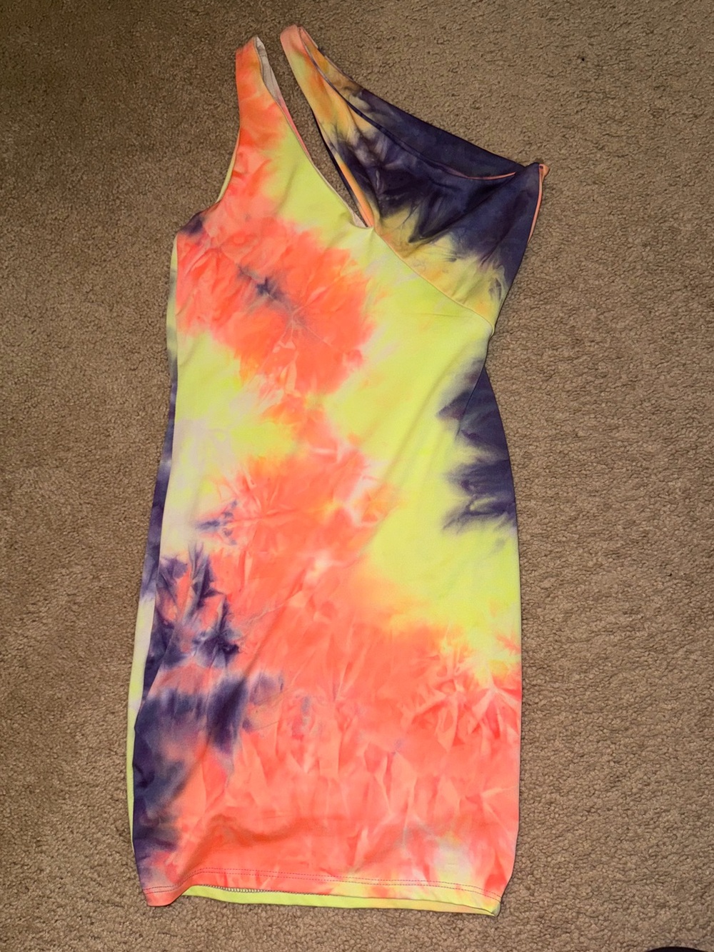 Neon Tie-Dye One-Shoulder Bodycon Dress - Yellow Pink Purple